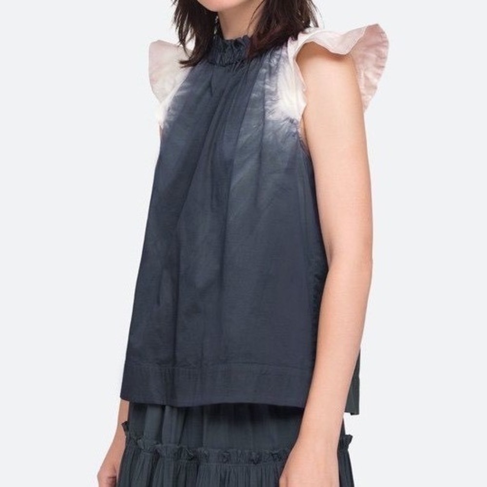 Sea New York Zelda Dip-Dye Top Charcoal Pink White Ruffle Sleeve Button Back 10